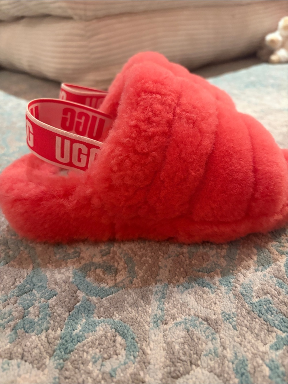 UGG Kids Coral Fuzz Slide with Branded Heel Strap